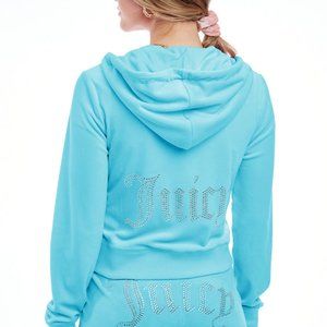 JUICY COUTURE EMBELLISHED VELOUR TRACK SUIT BLING HOODIE BLUE CRUSH